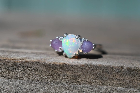 Opal Art Deco Engagement Ring, Raw Grape Agate Ring, Unique Engagement R… - Picture 2 of 4